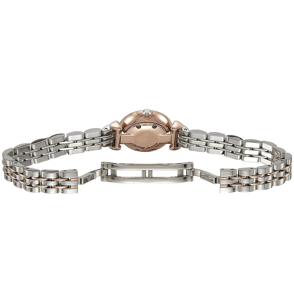 AR1841 Emporio Armani bracelet strap showing silver and rose gold stainless steel links detail