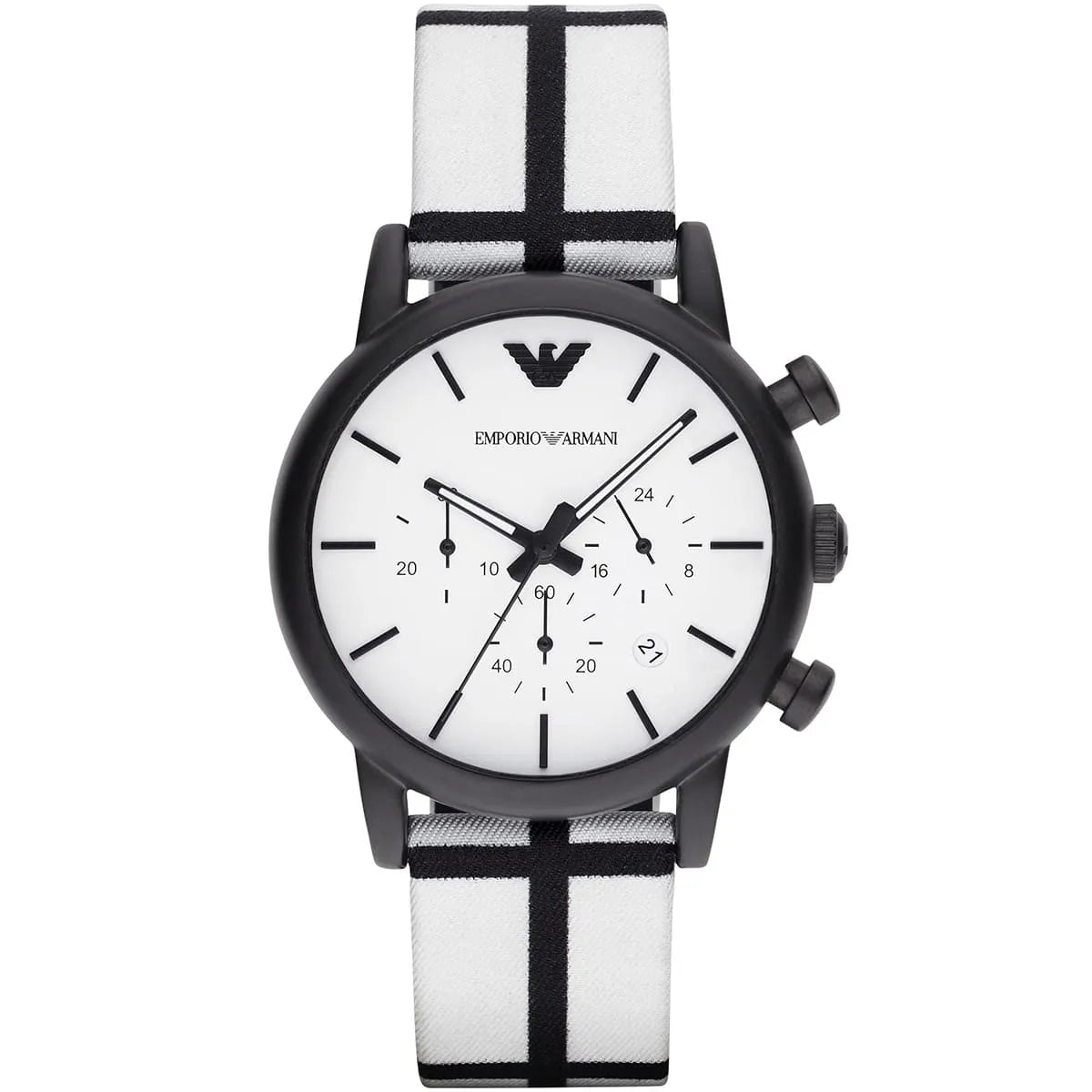 Emporio Armani AR1859 chronograph watch with white dial, black case, and white fabric strap with black stripes