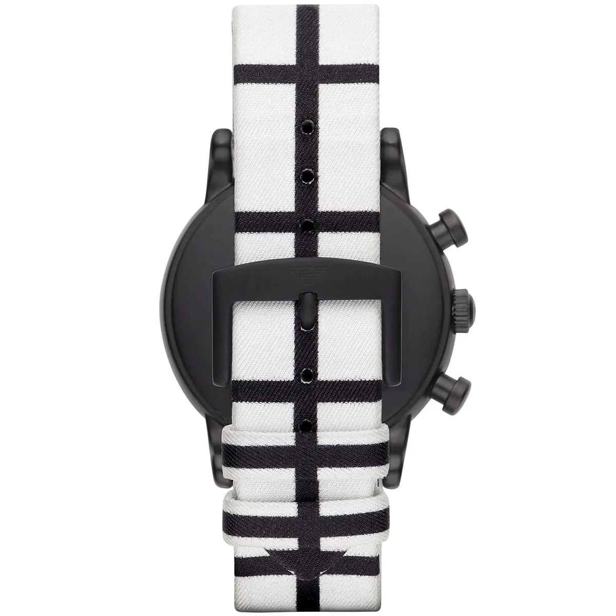 Emporio Armani AR1859 white fabric strap with black crosshatch pattern and black case