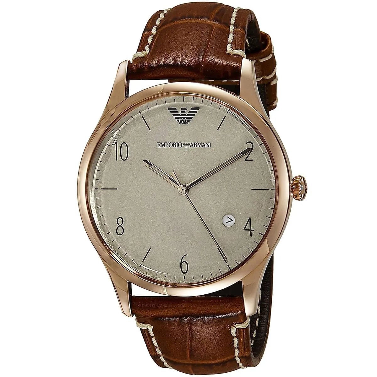 Emporio Armani AR1866 watch at angle showing white dial and rose gold case