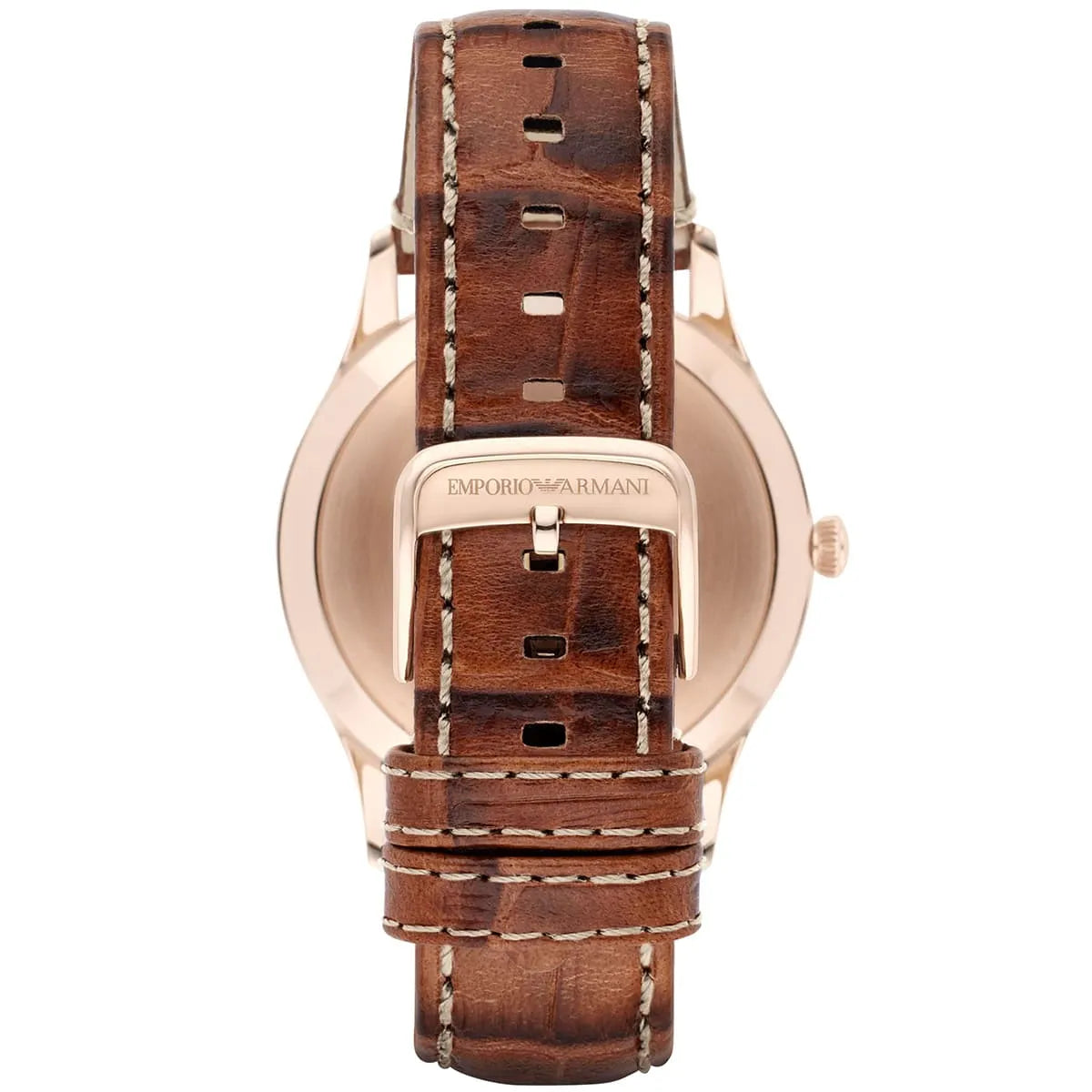 Emporio Armani AR1866 watch caseback showing rose gold case and brown leather strap