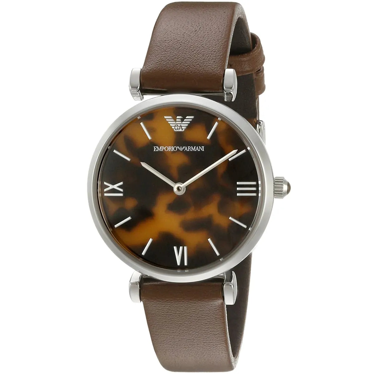Angled view of Emporio Armani AR1873 Gianni T-Bar watch with tortoiseshell dial and brown leather strap