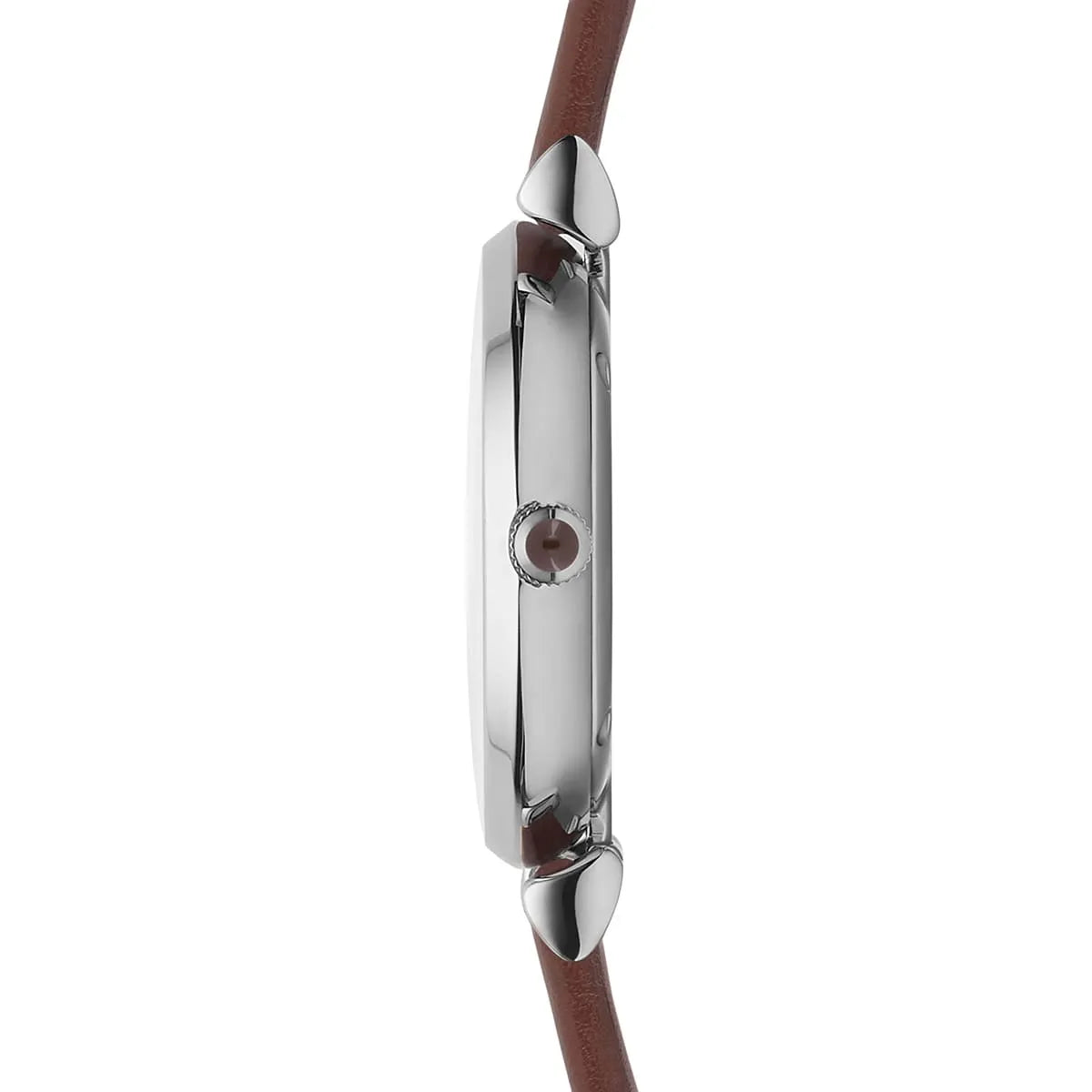 Side profile of Emporio Armani Gianni T-Bar watch showing stainless steel case and brown leather strap