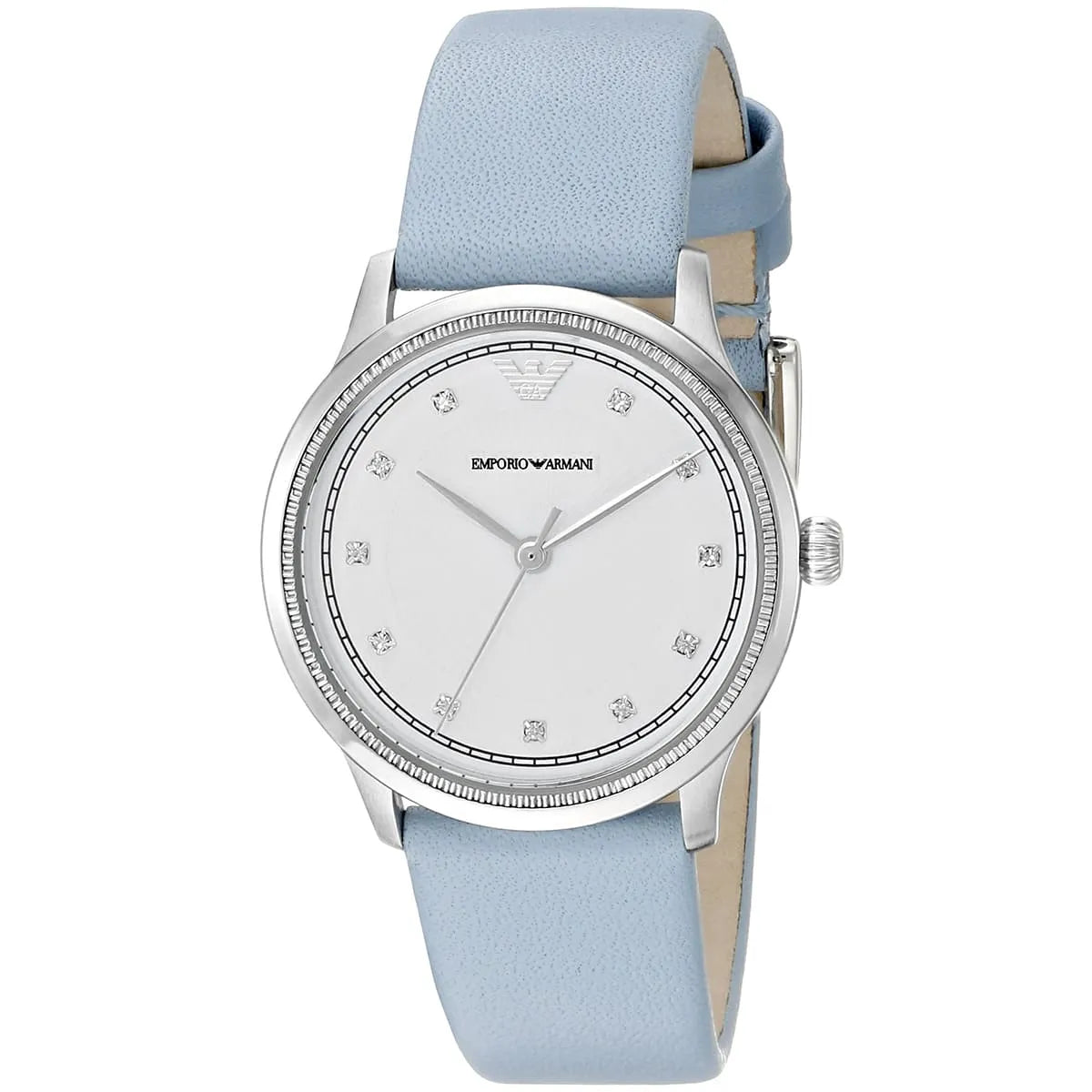 Emporio Armani AR1914 three-quarter view showing white dial, blue leather strap, and silver case