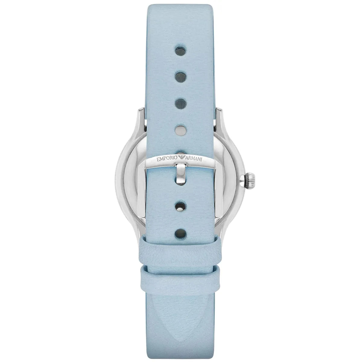 Emporio Armani AR1914 blue leather strap with buckle closure shown from back