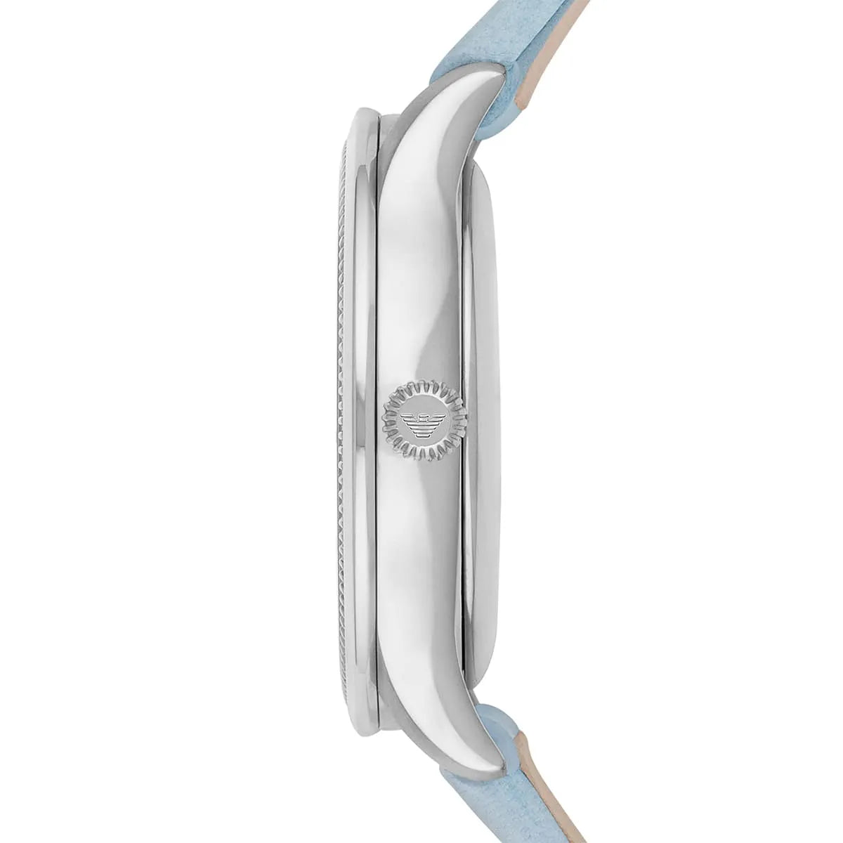 Emporio Armani AR1914 side profile showing case thickness and blue leather strap
