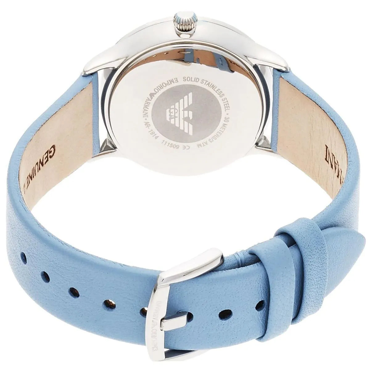 Emporio Armani AR1914 caseback showing solid stainless steel back and brand emblem