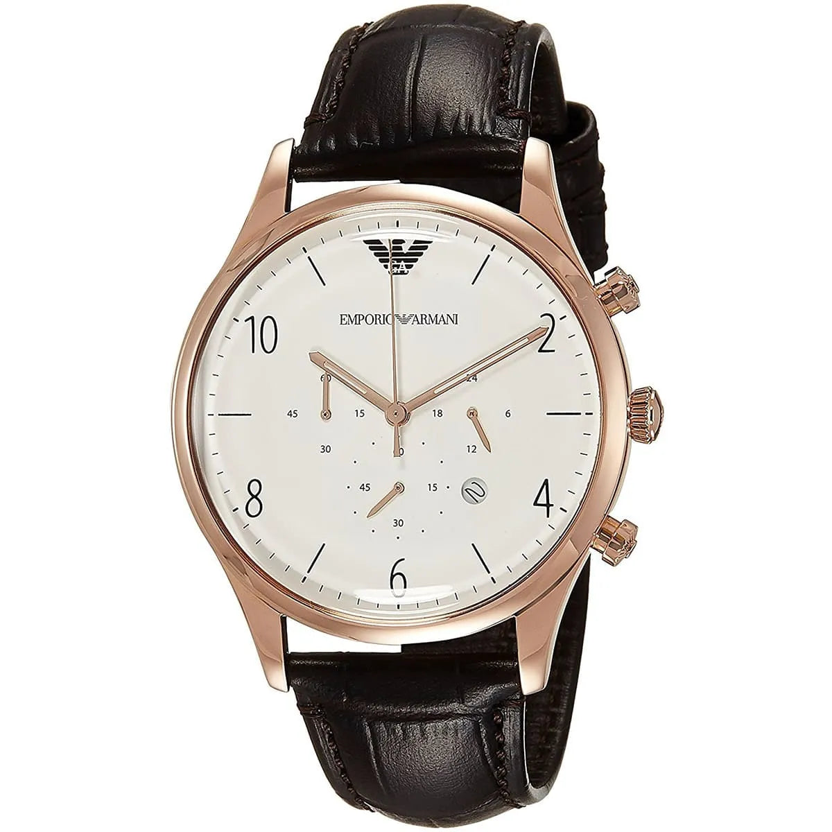 Emporio Armani Beta AR1916 watch angled view showing rose gold case and white dial