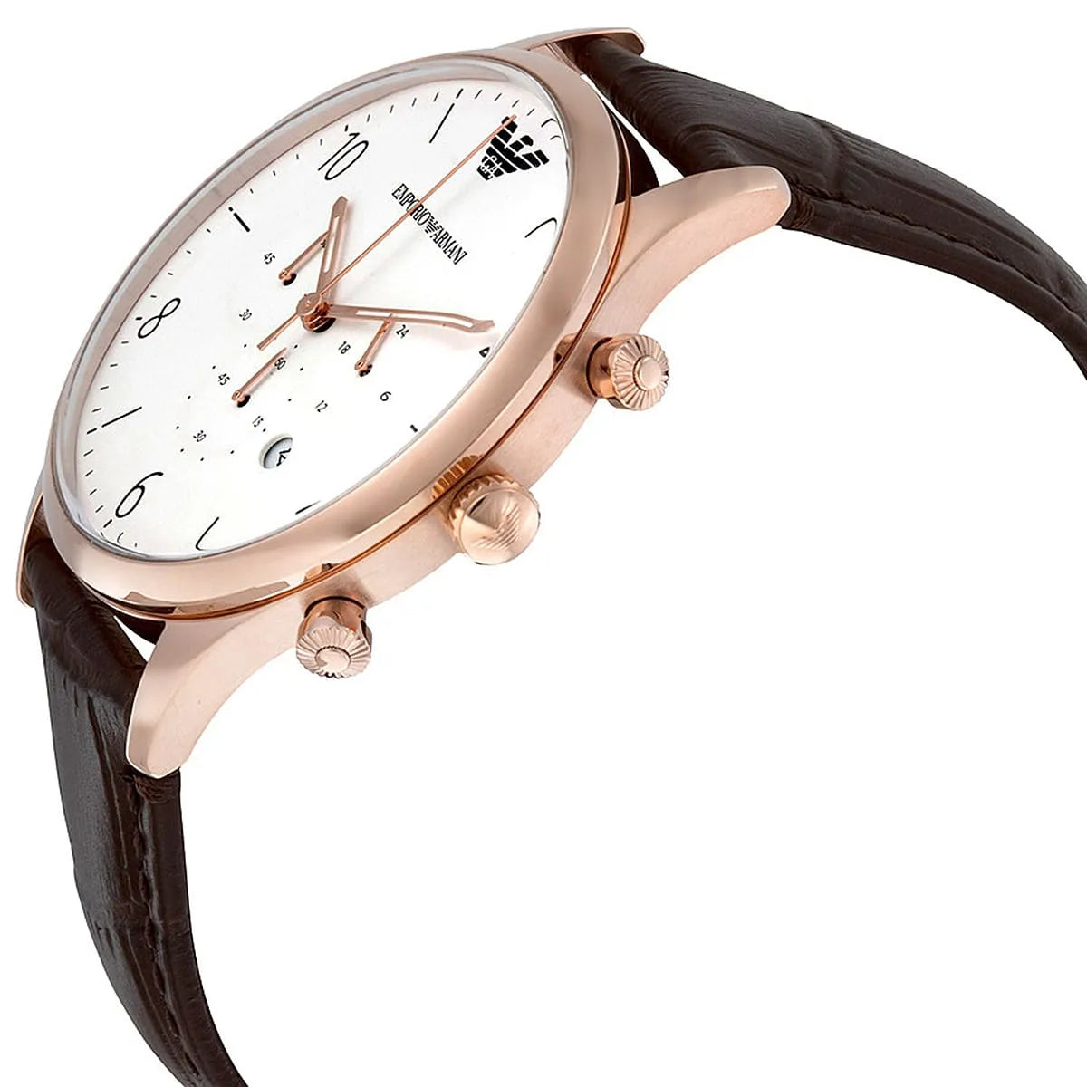Emporio Armani Beta AR1916 chronograph watch on wrist with rose gold case and leather strap