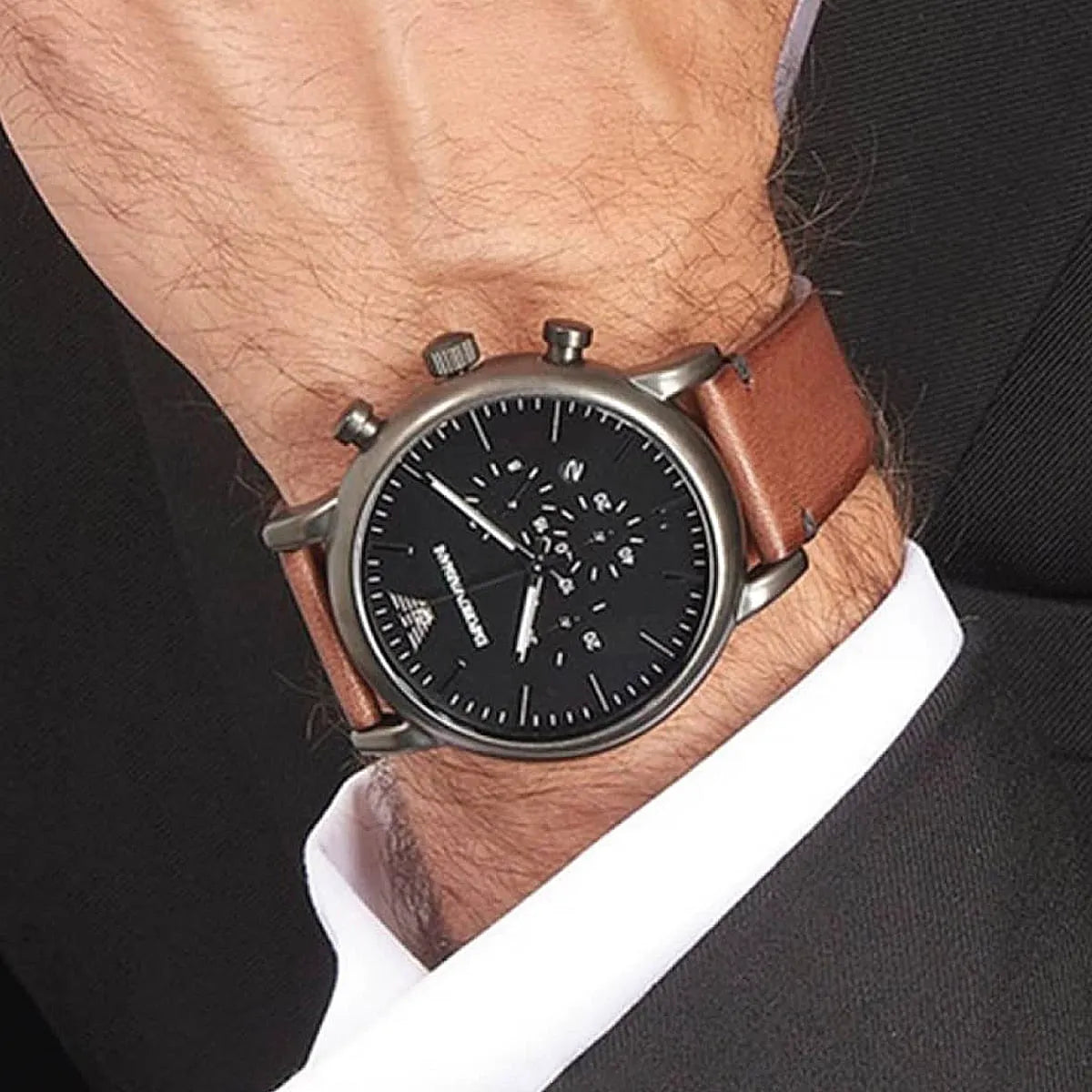 Emporio Armani Classic Chronograph Black Dial Brown Leather Strap Watch For Men AR1919