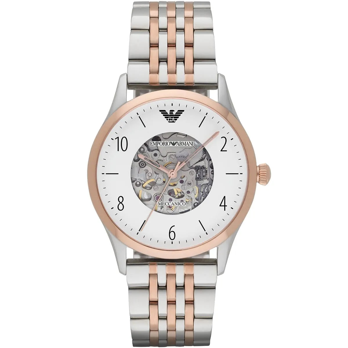 Emporio Armani Meccanico AR1921 white skeleton dial with two-tone silver and rose gold bracelet