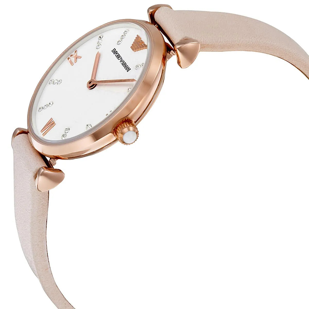 Emporio Armani Gianni T-Bar angled view showing white dial and T-bar strap attachment