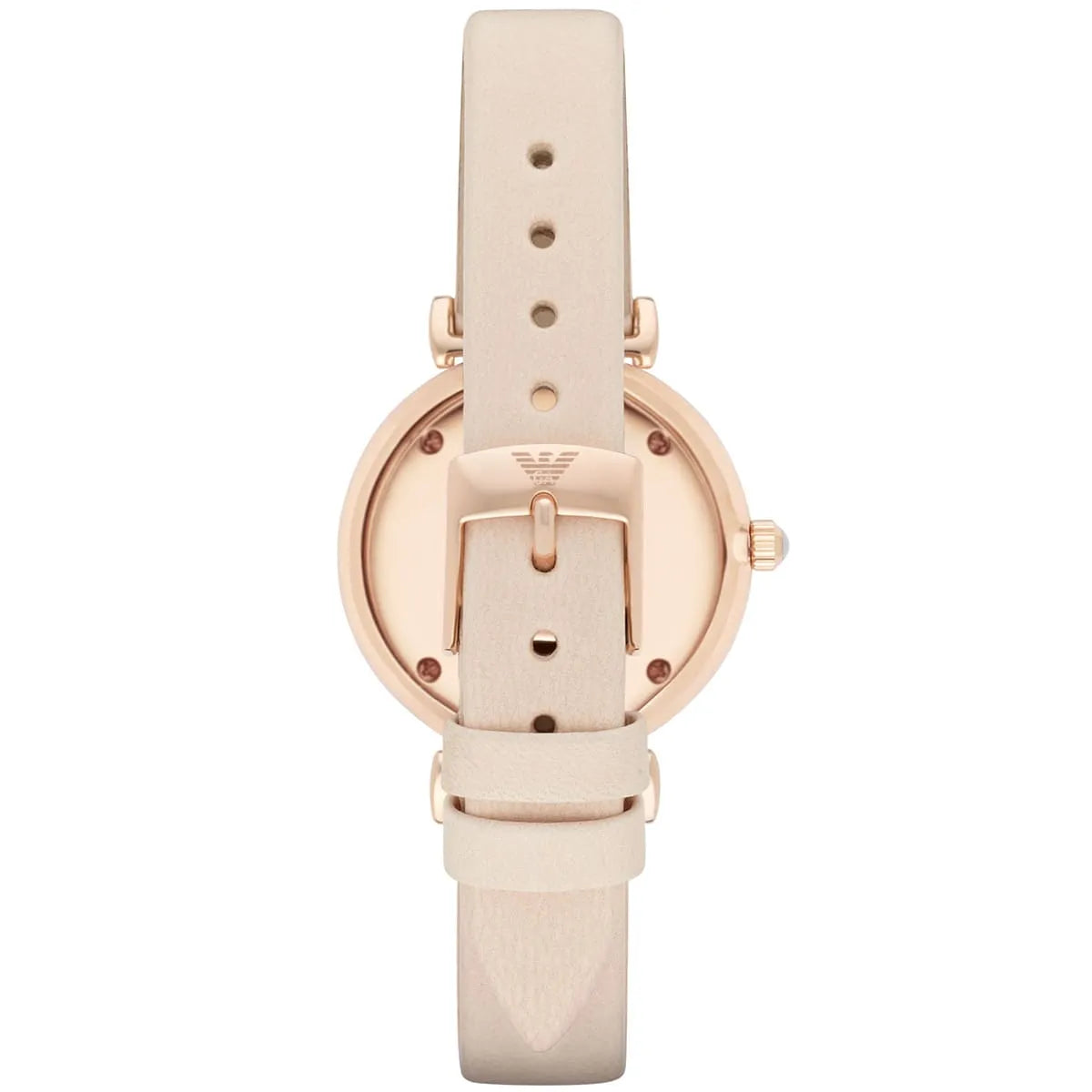 Emporio Armani Gianni T-Bar caseback showing case construction and beige leather strap