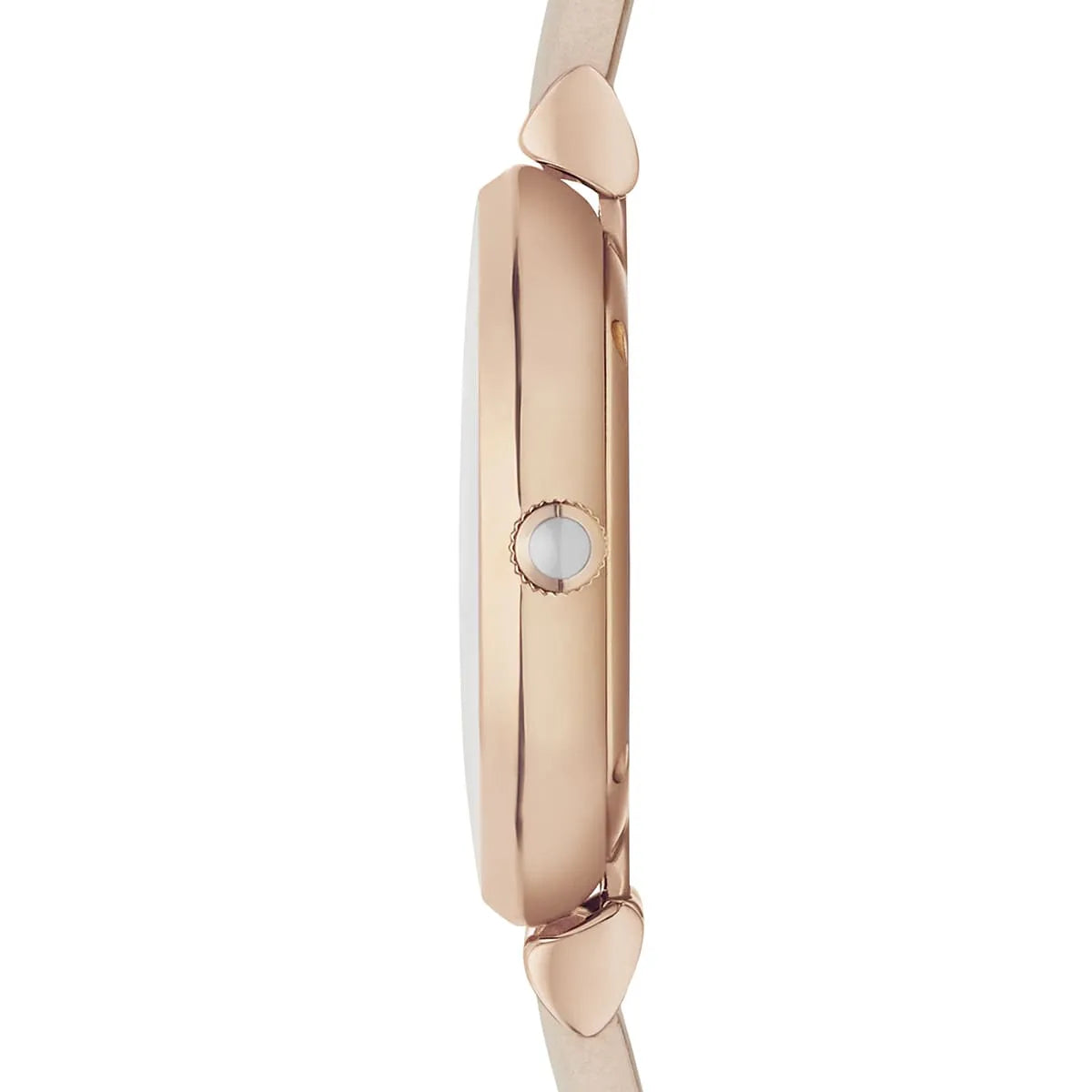 Emporio Armani Gianni T-Bar side view of rose gold case with beige leather strap