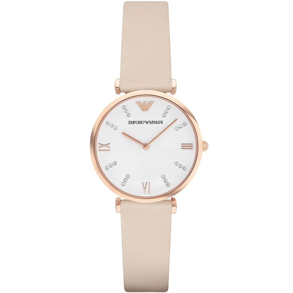 Emporio Armani Gianni T-Bar front view with white dial and rose gold case