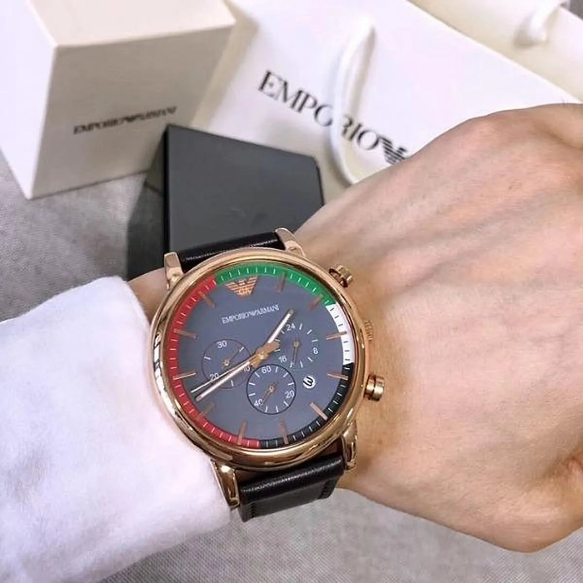 Emporio Armani AR1931 gold-plated chronograph worn on wrist showing dial detail