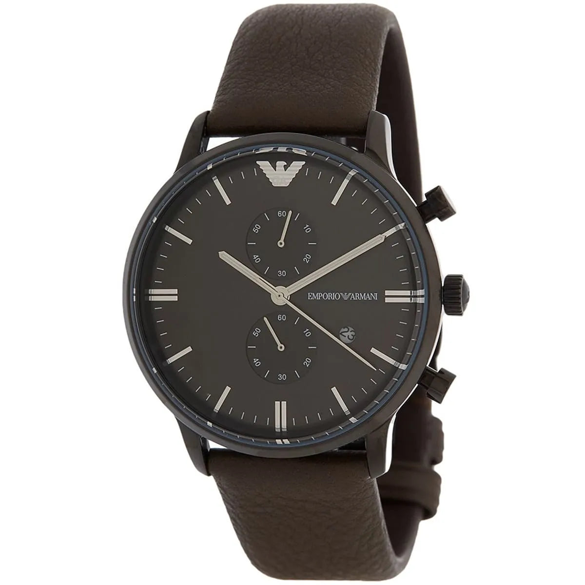 EMPORIO ARMANI Retro Brown Leather Strap Gunmetal Dial Chronograph Watch AR1932