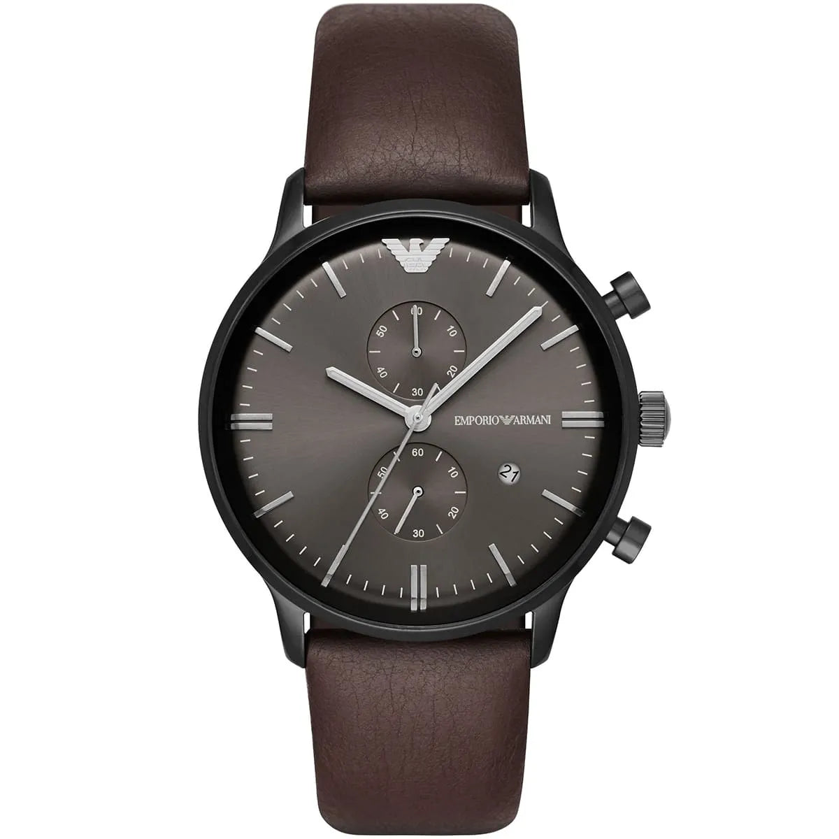 EMPORIO ARMANI Retro Brown Leather Strap Gunmetal Dial Chronograph Watch AR1932
