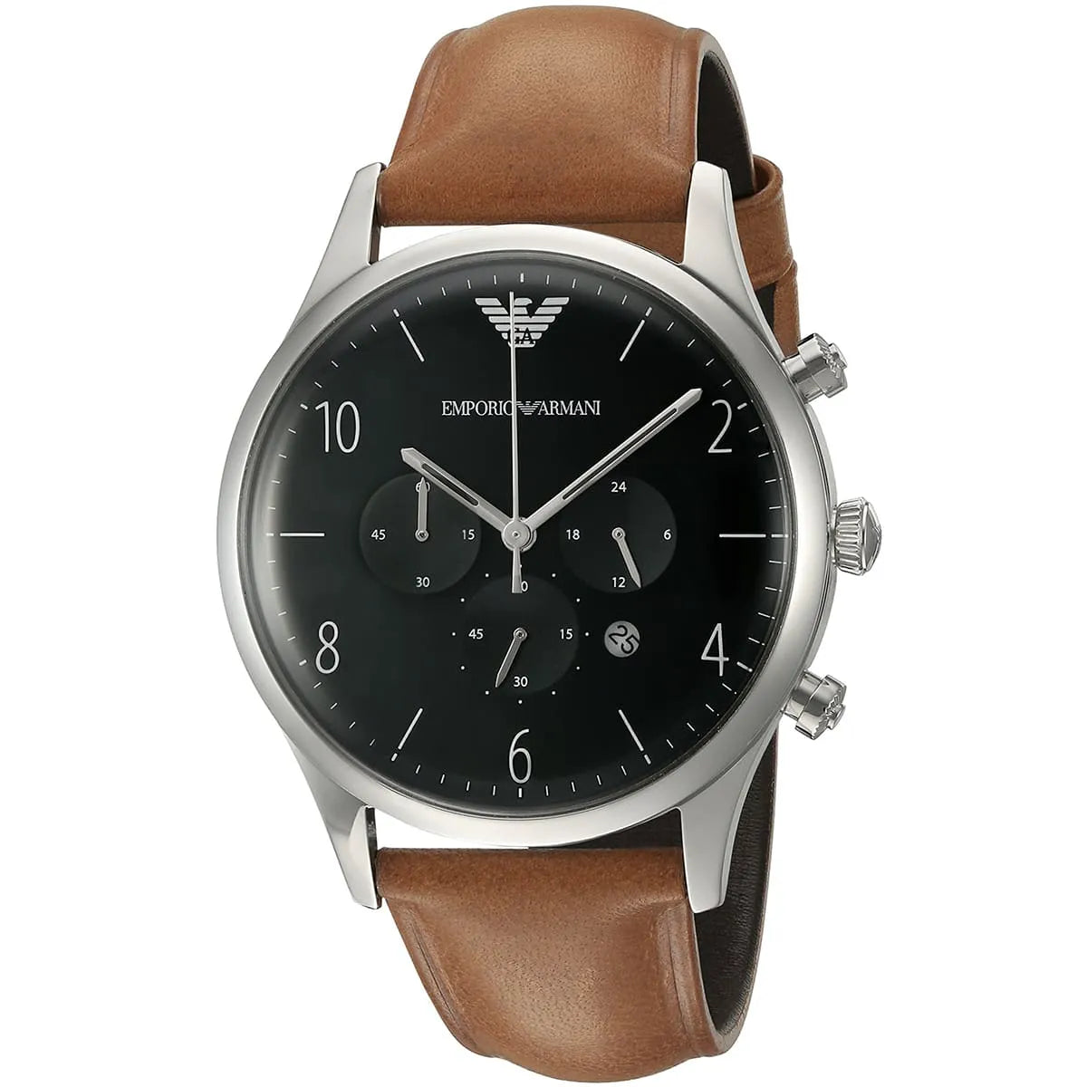Emporio Armani Gianni T-Bar chronograph watch from front angle showing black dial and silver case