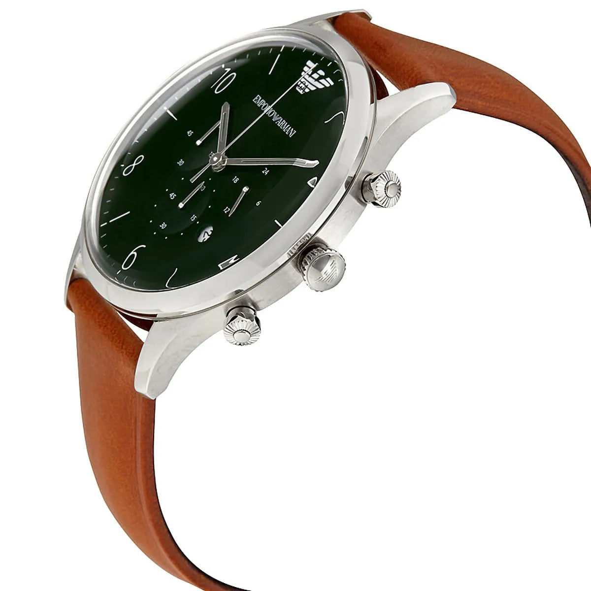 Emporio Armani Gianni T-Bar men's chronograph watch worn, showing black dial and brown leather strap