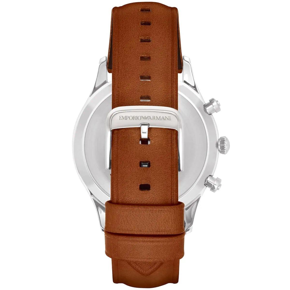 Emporio Armani Gianni T-Bar watch caseback view with brown leather strap and white metal case