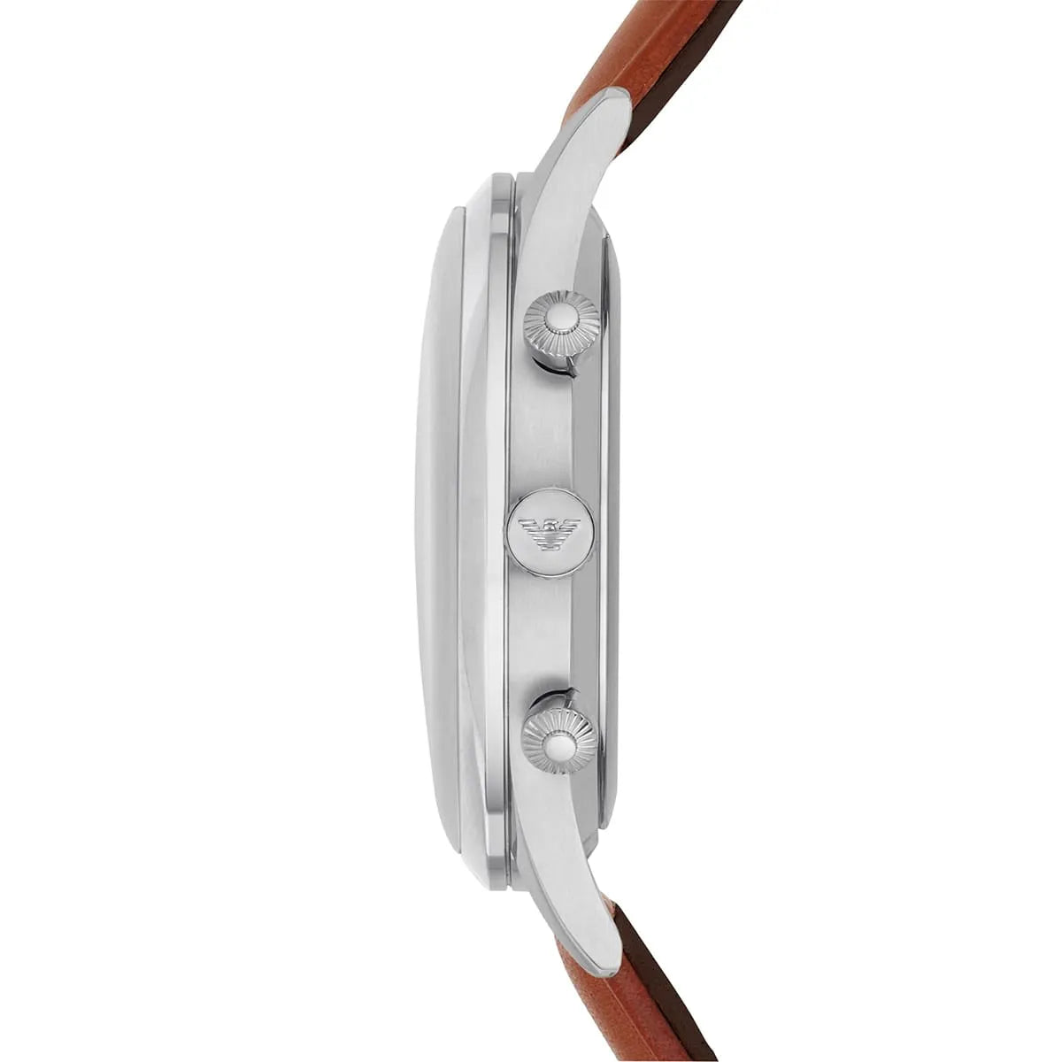 Side profile of Emporio Armani Gianni T-Bar watch showing white metal case and brown leather strap
