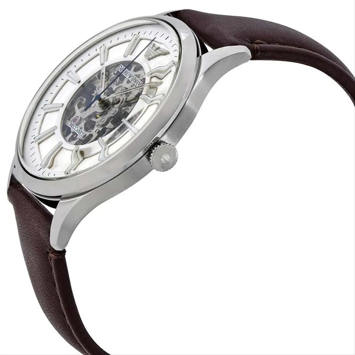 Emporio Armani Meccanico watch side angle view with dark brown leather strap