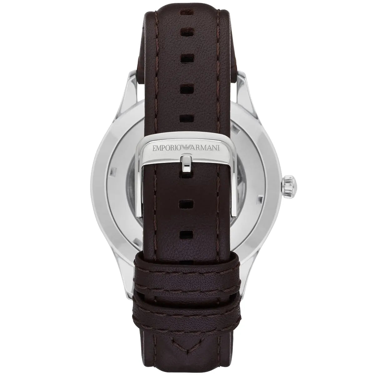 Emporio Armani Meccanico watch caseback showing automatic movement and strap