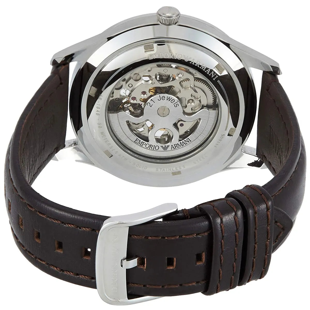 Emporio Armani Meccanico automatic movement visible through caseback with leather strap