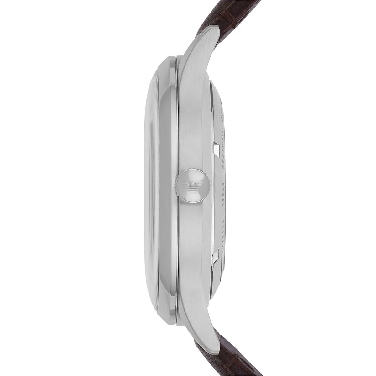 Emporio Armani Meccanico watch side profile showing case thickness and dark strap