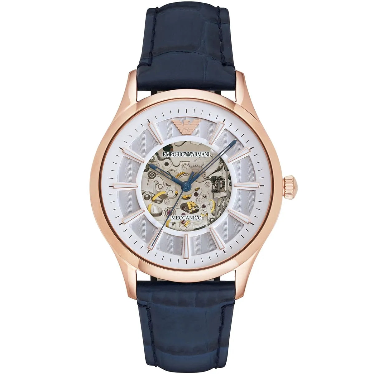 Emporio Armani Beta AR1947 rose gold men's watch with white skeleton dial and navy leather strap
