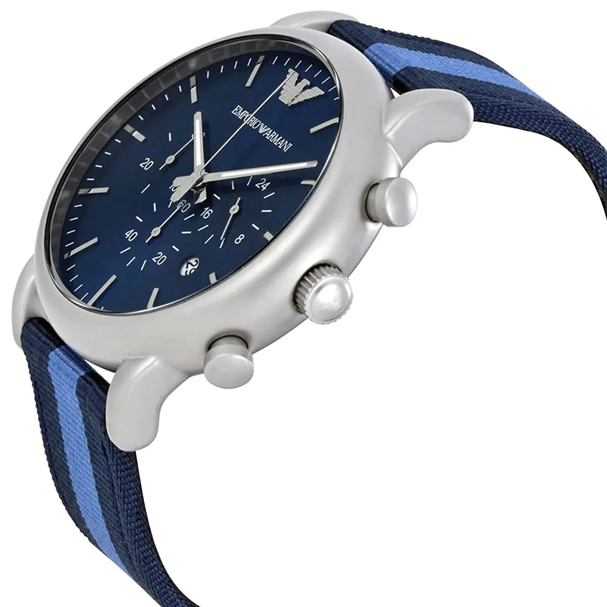 Emporio Armani Luigi AR1949 watch side angle showing chronograph pushers and textile strap