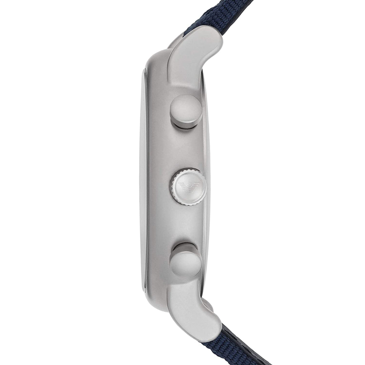 Emporio Armani Luigi AR1949 side profile showing silver case and chronograph pusher buttons