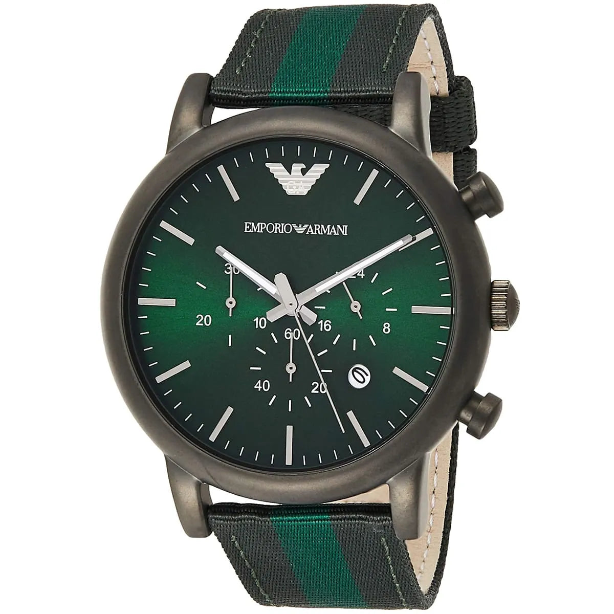 AR1950 Emporio Armani watch three-quarter view showing green dial and striped nylon strap
