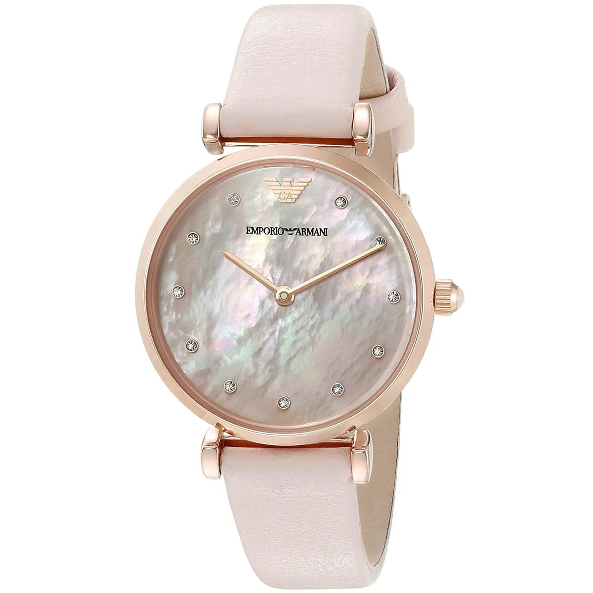 Emporio Armani Retro Rose Gold Tone Pink MOP Dial Leather Women's Watch AR1958