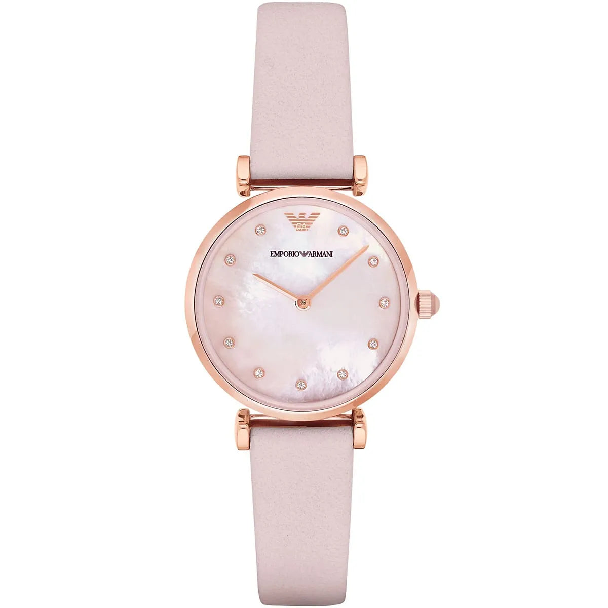Emporio Armani Retro Rose Gold Tone Pink MOP Dial Leather Women's Watch AR1958