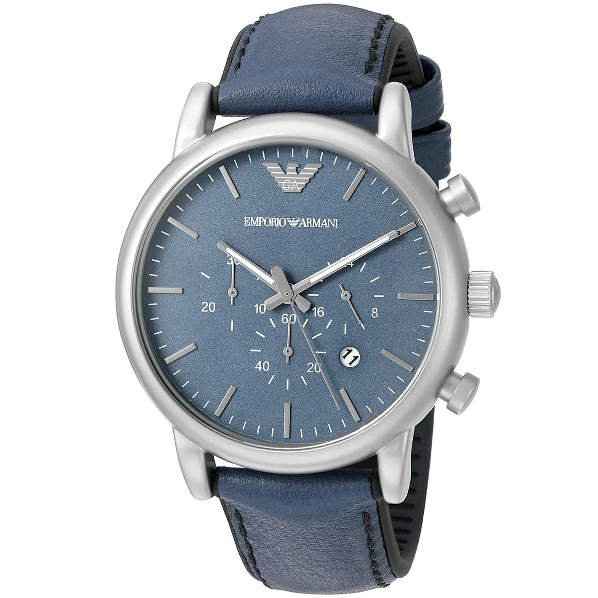 Emporio Armani AR1969 watch angled view showing blue dial and chronograph subdials