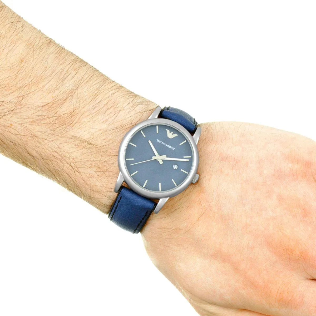 Emporio Armani Gianni T-Bar watch worn on wrist showing blue dial