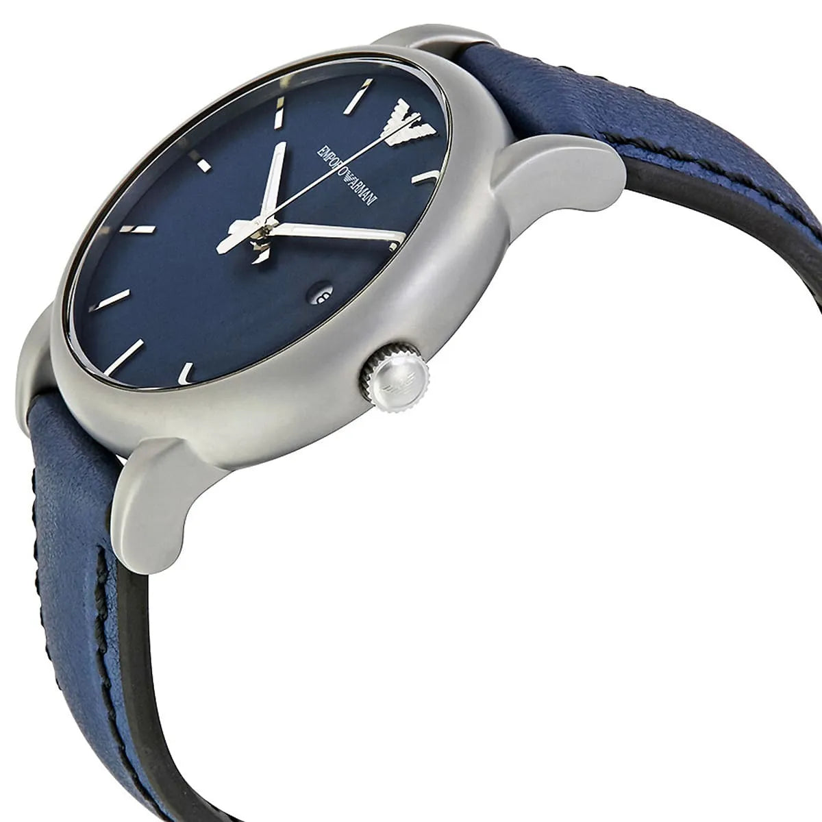 Side profile of Emporio Armani Gianni T-Bar watch showing case and crown