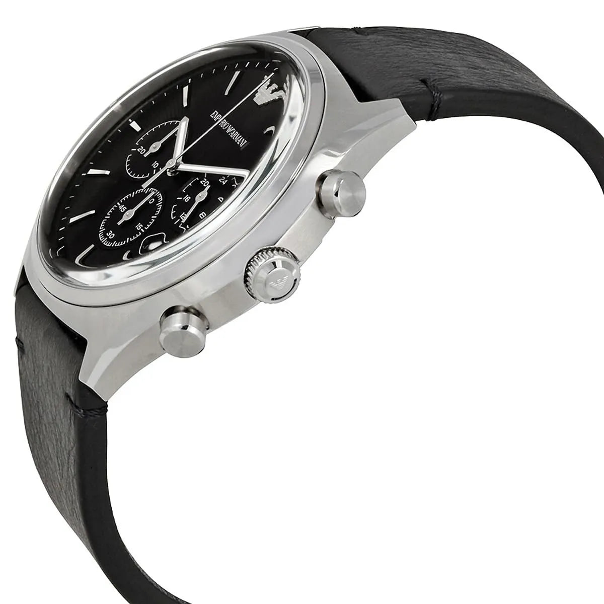 Side profile of AR1975 Emporio Armani chronograph with chronograph pushers visible