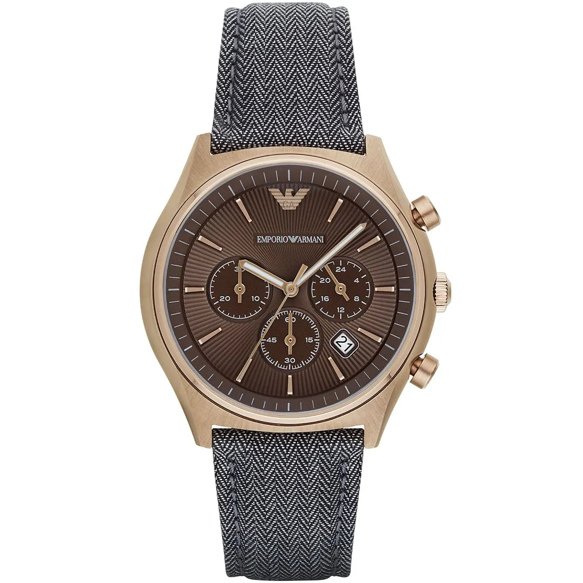 Emporio Armani AR1976 chronograph watch with brown dial, rose gold case, gray fabric strap