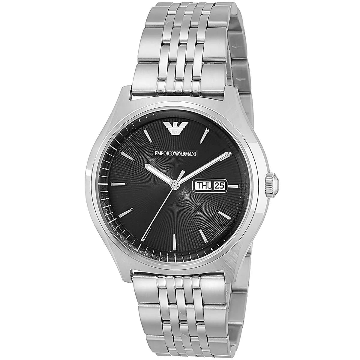 Emporio Armani AR1977 watch three-quarter view showing black dial and silver bracelet