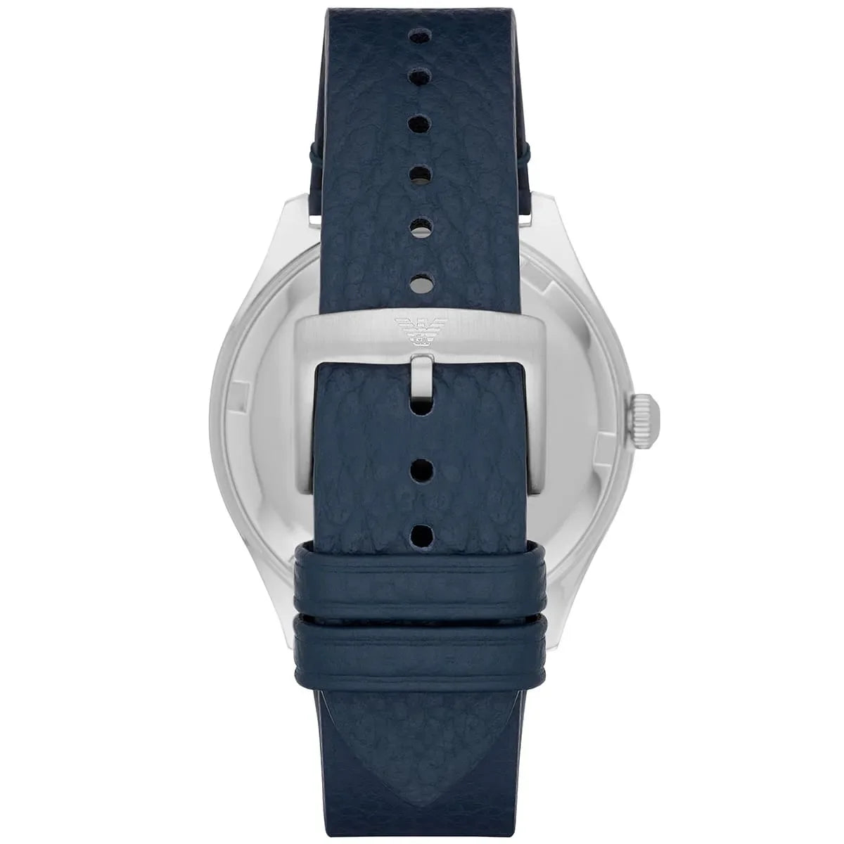 Caseback view of Emporio Armani Gianni T-Bar watch with navy leather strap