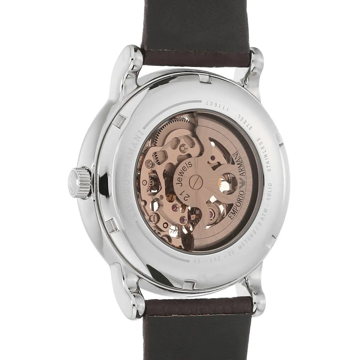 Caseback displaying automatic movement with gold-toned mechanism