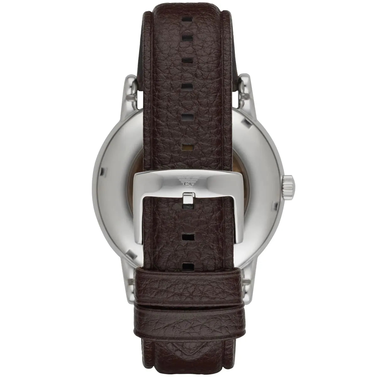 Caseback view showing brown leather strap with buckle closure