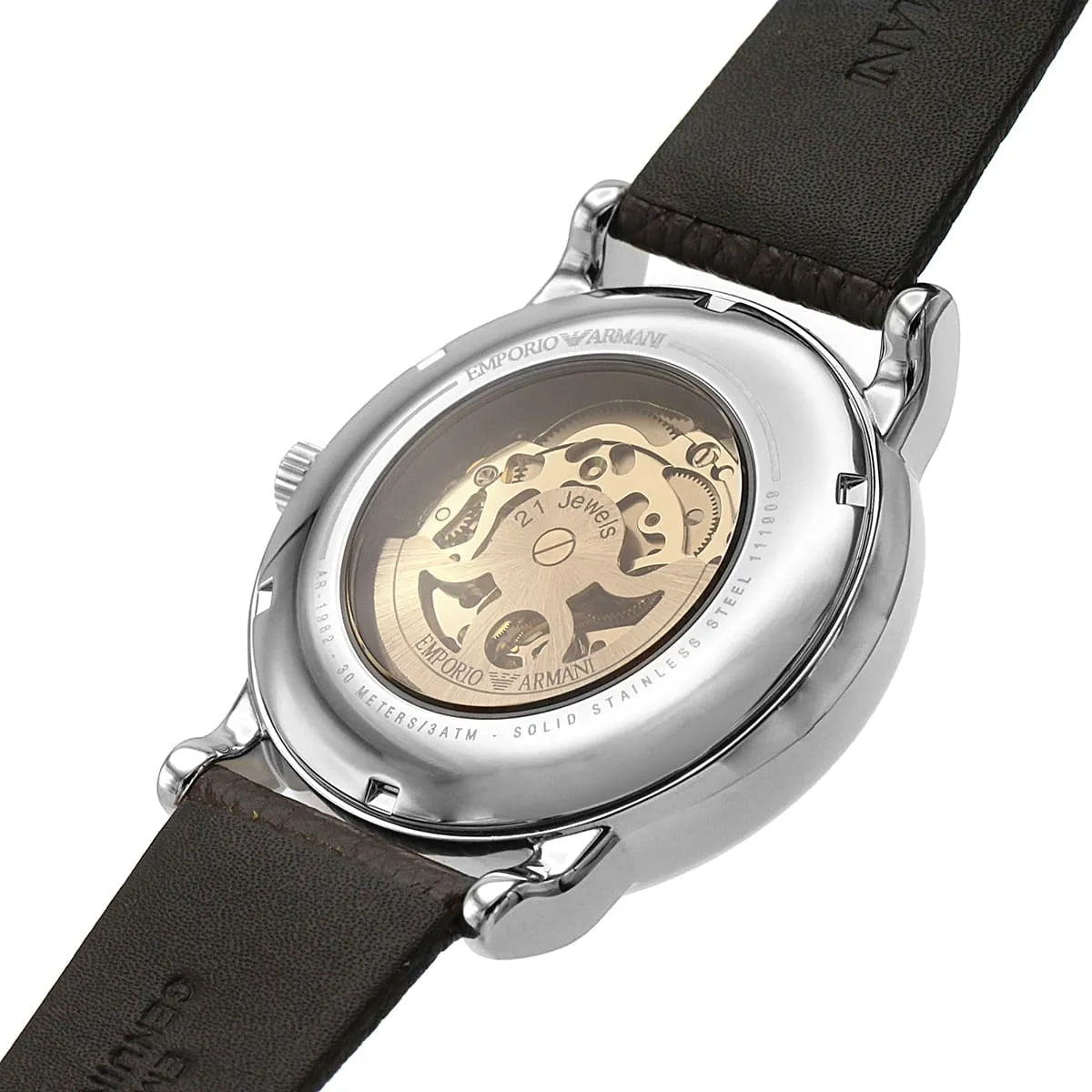 Close-up of skeleton dial showing exposed automatic movement and mechanism