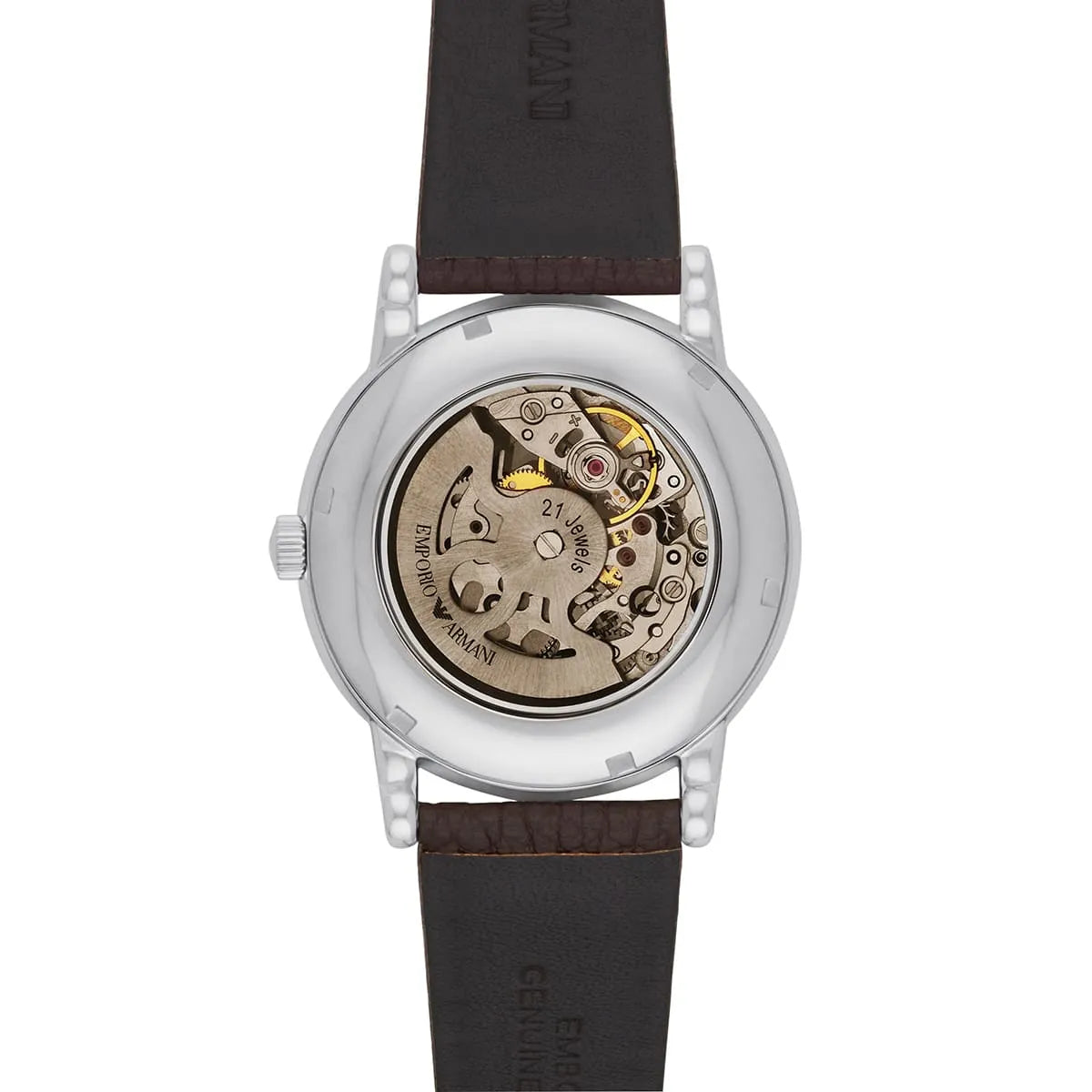 Detailed view of the automatic movement visible through skeleton dial