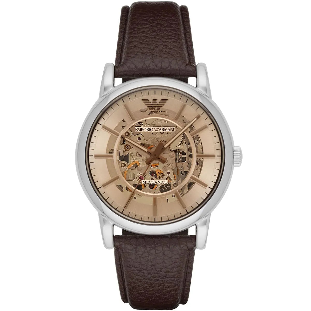 Front view of Emporio Armani Luigi with beige skeleton dial and silver case