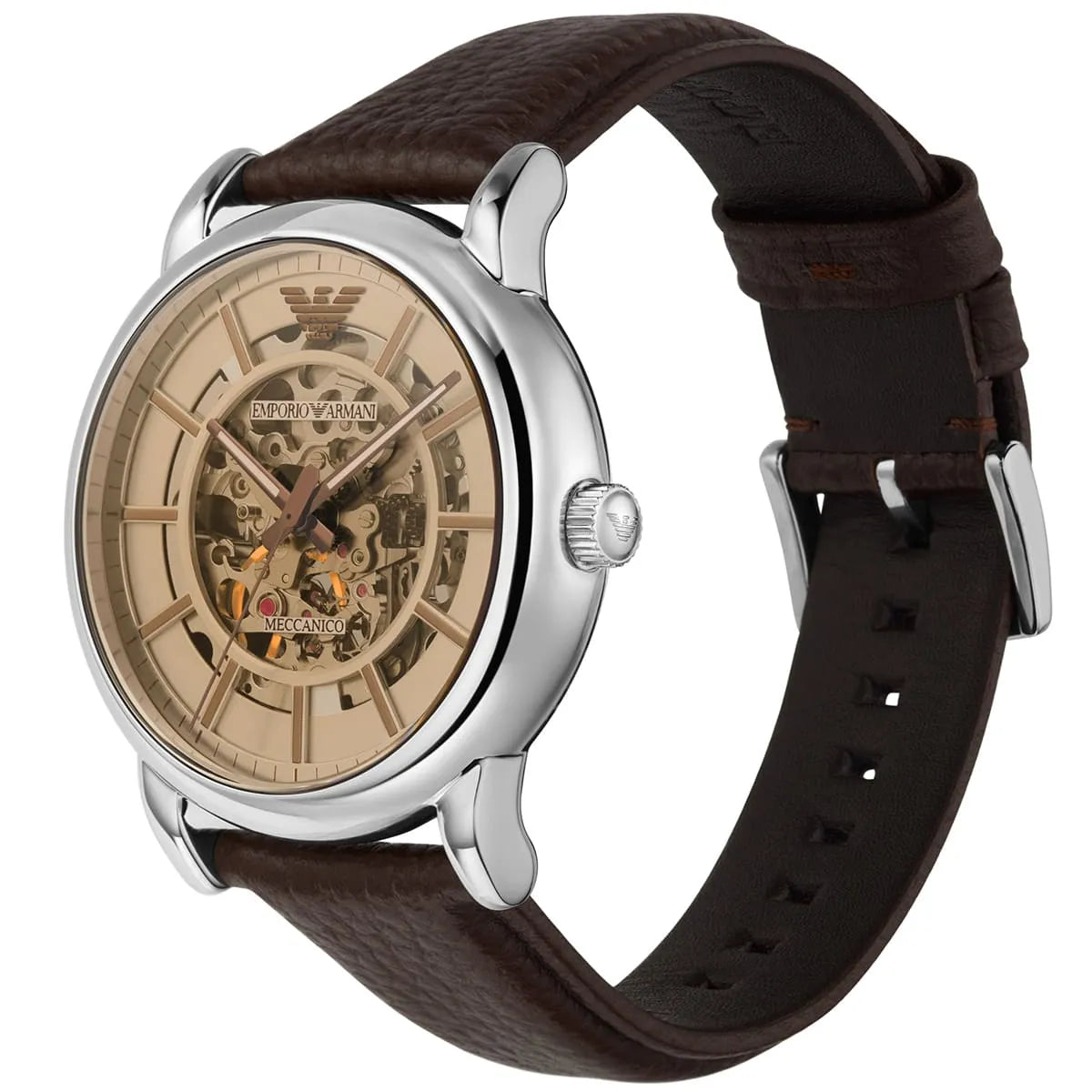 Emporio Armani Luigi watch worn on wrist with brown leather strap