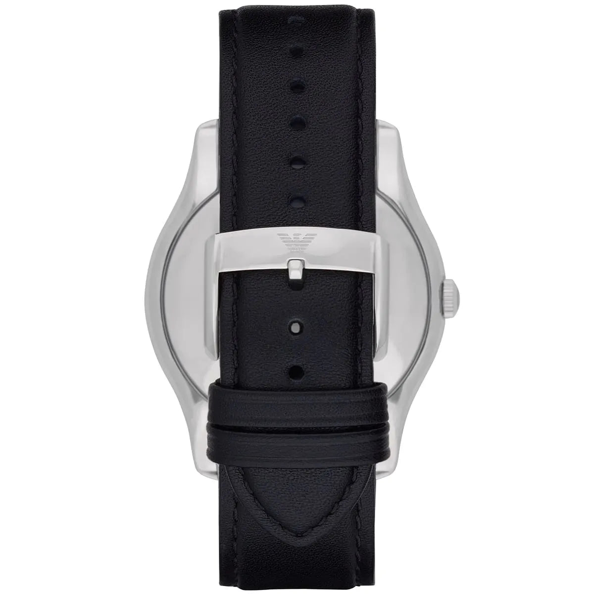 Emporio Armani AR1984 watch caseback view showing black leather strap and case back